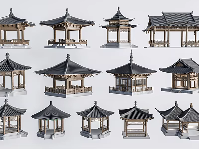 Traditional Chinese Pavilion Models With Diverse Roof Styles And Wooden Architectural Structures 3d model