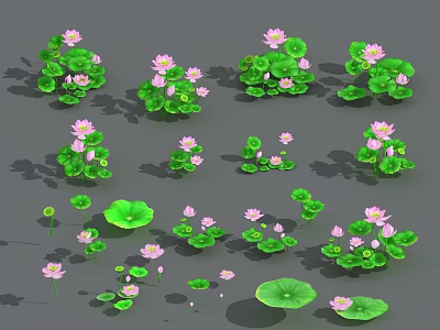 Beautiful Pink Lotus Flowers With Green Lily Pads And Lush Foliage 3d model