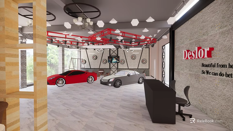 Modern Car Showroom Interior With Red Silver Sports Cars And Deslo Reception Desk 3d model 