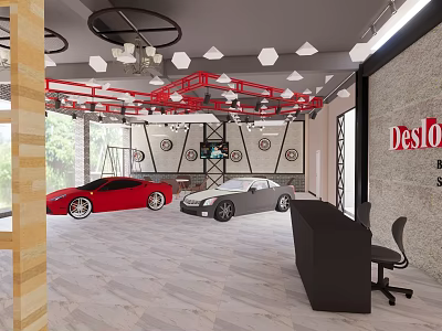 Modern Car Showroom Interior With Red Silver Sports Cars And Deslo Reception Desk 3d model