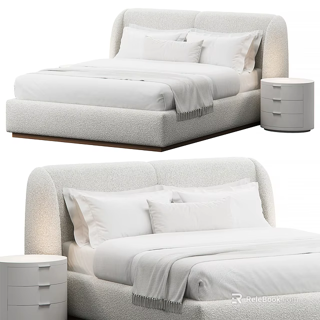 Modern Double Bed with Upholstered Headboard White Bedding and Matching Nightstand 3d model 