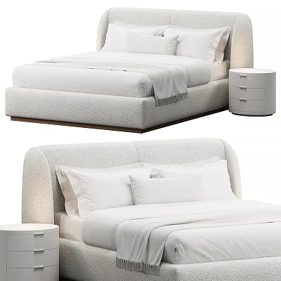 Modern Double Bed with Upholstered Headboard White Bedding and Matching Nightstand 3d model
