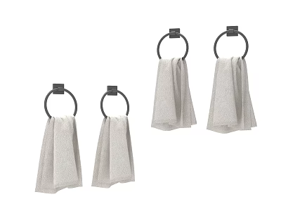 Soft Light Gray Bathroom Towels Hanging On Four Metal Towel Rings 3d model