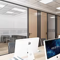 Public Office Space with Company Logo White Wall Glass Partition Office Desks Chairs Wooden Flooring