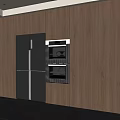 Modern Kitchen With Wooden Cabinets Black Refrigerator And Built In Oven Microwave Appliances