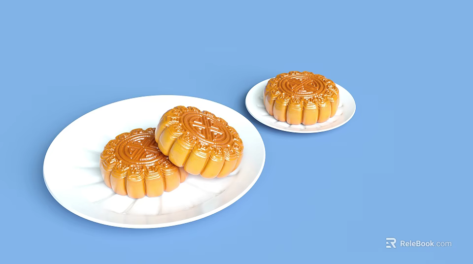 Golden Carved Mooncakes Placed On White Plates Against Blue Background 3d model 