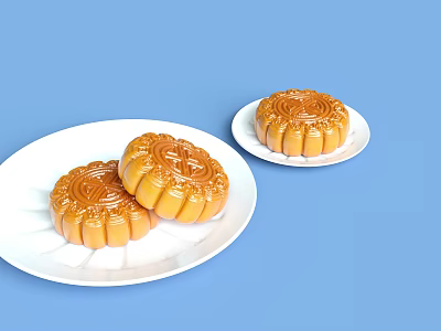 Golden Carved Mooncakes Placed On White Plates Against Blue Background 3d model