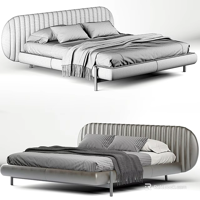 Elegant Modern Double Bed Design With Curved Upholstered Headboard Plush Mattress And Soft Throw Blanket 3d model 