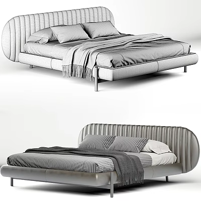 Elegant Modern Double Bed Design With Curved Upholstered Headboard Plush Mattress And Soft Throw Blanket 3d model