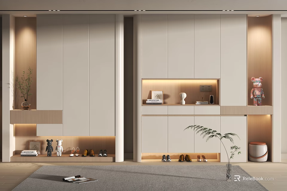 Modern Sleek Shoe Cabinet Interior Design With Storage Space And Decorative Plants Ornaments 3d model 