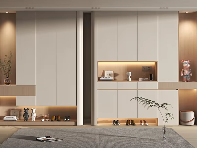 Modern Sleek Shoe Cabinet Interior Design With Storage Space And Decorative Plants Ornaments 3d model