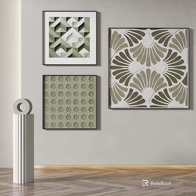 Three Abstract Paintings With Green Beige Tones Geometric Patterns Hanging On Gray Wall Interior Decor 3d model