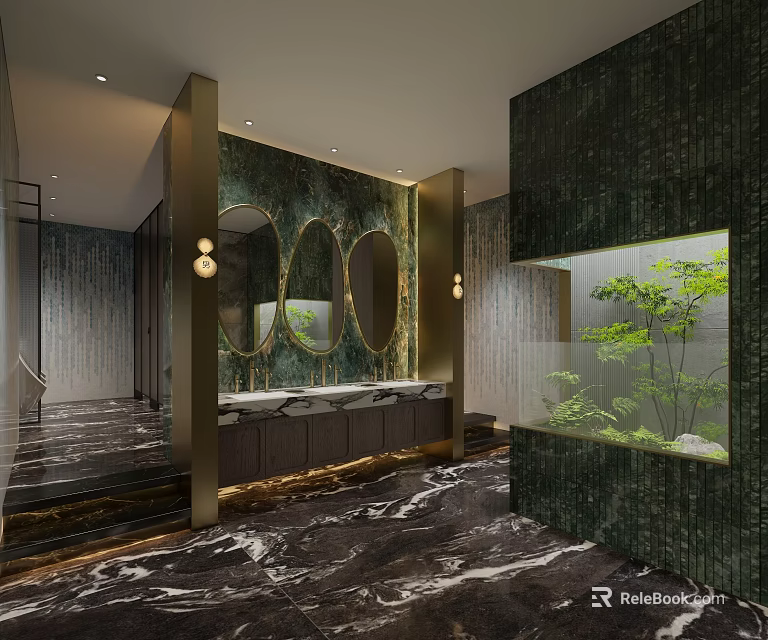 Modern Public Restroom Interior With Marble Floor Green Mosaic Walls And Plant Feature 3d model 