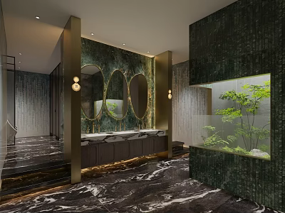 Modern Public Restroom Interior With Marble Floor Green Mosaic Walls And Plant Feature 3d model