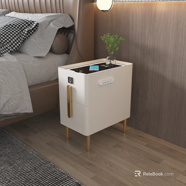 Modern White Bedside Table With Gold Legs Green Plant And Small Decor On Top 3d model 