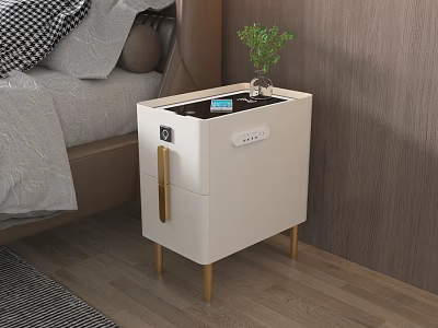 Modern White Bedside Table With Gold Legs Green Plant And Small Decor On Top 3d model