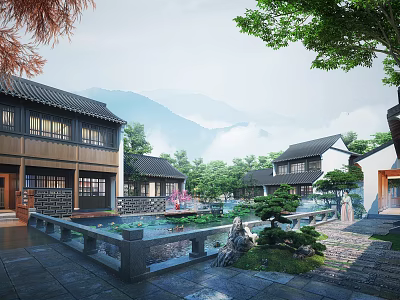 Ancient Chinese Architecture Courtyard Design With Pond Green Plants And Mountain View 3d model