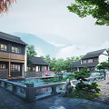 Ancient Chinese Architecture Courtyard Design With Pond Green Plants And Mountain View