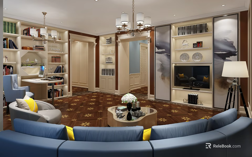 Elegant Living Room Interior Design With Blue Sofa Yellow Cushions Chandelier And Bookshelves 3d model 