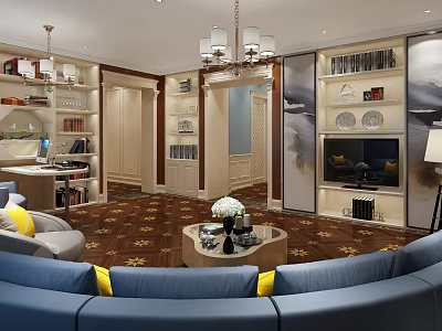 Elegant Living Room Interior Design With Blue Sofa Yellow Cushions Chandelier And Bookshelves 3d model