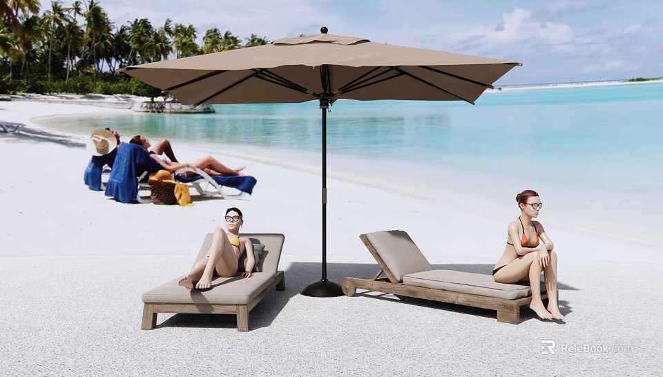 Comfortable Beach Lounge Chair Under Umbrella With Ocean View And Palm Trees 3d model 