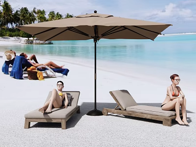 Comfortable Beach Lounge Chair Under Umbrella With Ocean View And Palm Trees 3d model