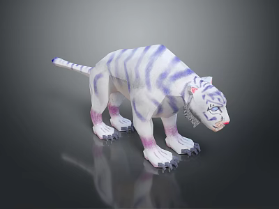 Handmade White Tiger Toy with Purple Stripes on Dark Reflective Background 3d model