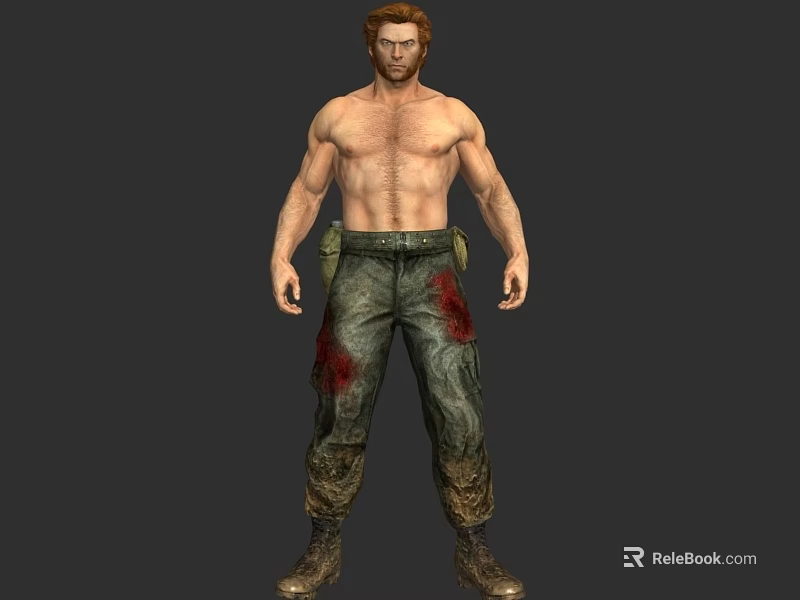 Shirtless Muscular Male Game Movie Character With Red Hair And Bloodstained Pants 3d model 