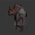 Mythical Fantasy Animal With Red Horned Head Tattered Clothing And Sharp Claws Standing