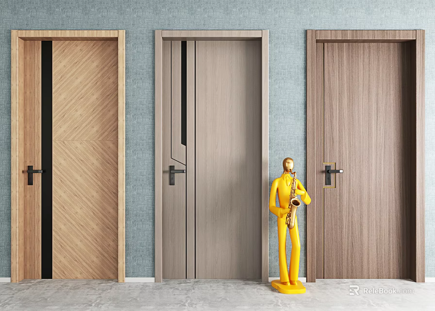 Modern Wooden Swing Doors With Different Patterns And Light Blue Wall Background 3d model 