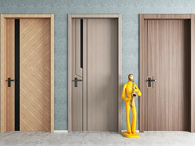 Modern Wooden Swing Doors With Different Patterns And Light Blue Wall Background 3d model