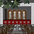 Elegant Restaurant Interior Design With Wooden Arched Walls Dining Tables And Green Plants