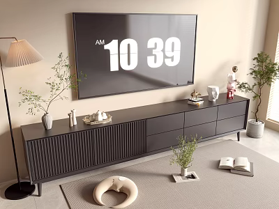 Modern Dark TV Stand With Storage Drawers Decorations Plants And Floor Lamp 3d model