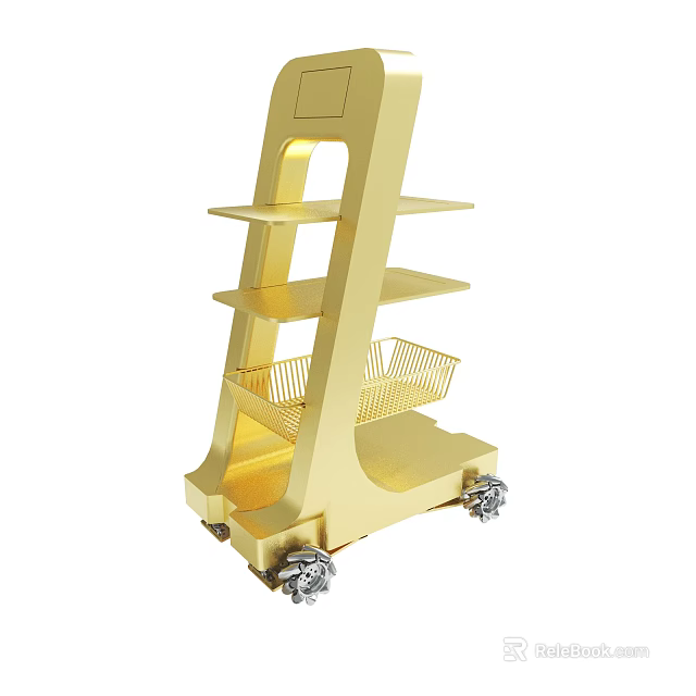 Golden Multi Layer Storage Shelf With Basket And Rolling Wheels 3d model