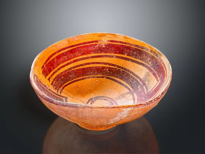 Traditional Earthenware Bowl With Orange Red Stripes For Daily Living 3d model