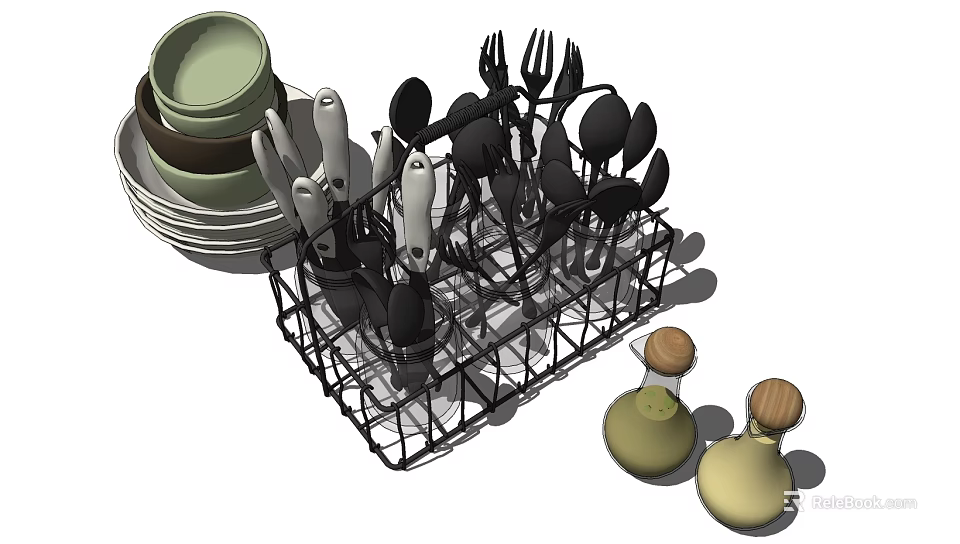 Practical Cutlery and Dinnerware Set with Dish Rack Plates Knives Forks Spoons and Condiment Bottles 3d model 