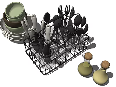 Practical Cutlery and Dinnerware Set with Dish Rack Plates Knives Forks Spoons and Condiment Bottles 3d model