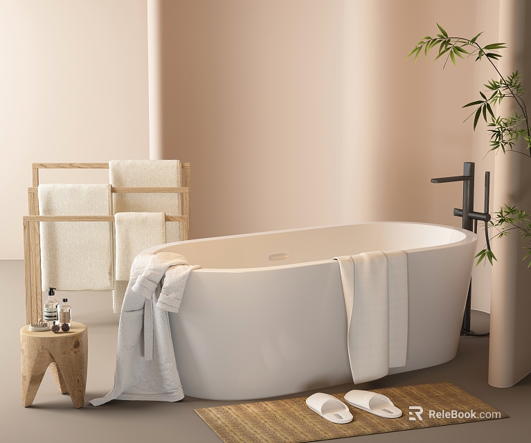 Cozy Neutral Bathroom With Freestanding Bathtub Towels Stool And Plant 3d model 