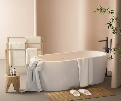Cozy Neutral Bathroom With Freestanding Bathtub Towels Stool And Plant 3d model