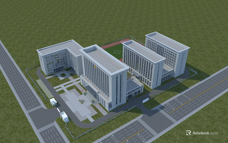 Modern Office Complex Exterior With Green Lawn Road And Plaza Design 3d model 