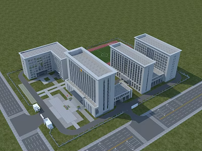 Modern Office Complex Exterior With Green Lawn Road And Plaza Design 3d model