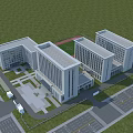 Modern Office Complex Exterior With Green Lawn Road And Plaza Design