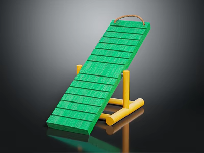 Green Wooden Ramp With Yellow Support Posts And Top Handle For Kids Play Equipment 3d model