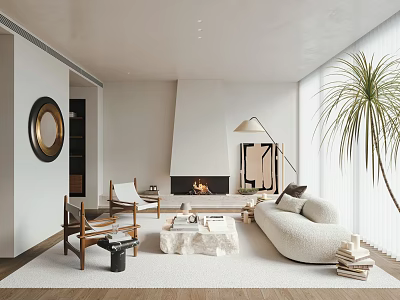 Modern Living Room Interior Design With Fireplace Beige Sofa Marble Coffee Table And Palm Plant 3d model