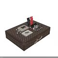 Elegant Patterned Leather Coffee Table With Glass Top Brass Accents And Decorative Figurines
