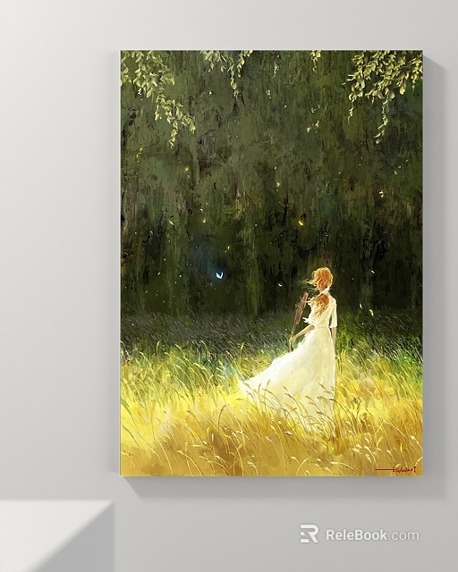 Enchanting Landscape Painting of Golden Meadow with Girl in White Dress Forest Background Fireflies and Blue Butterfly 3d model 