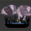 Cartoon Scene with Pink Purple Trees Dark Trunks Yellow Figure Blue Water and Black Stones