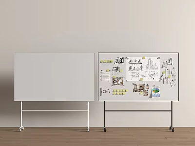 Two Whiteboards In Workspace One Blank With Design Sketches Charts And Text 3d model