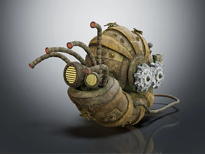 Smart Machine Snail Shaped Design With Rusted Metal Pipes Gears And Yellow Lights 3d model