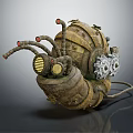 Smart Machine Snail Shaped Design With Rusted Metal Pipes Gears And Yellow Lights
